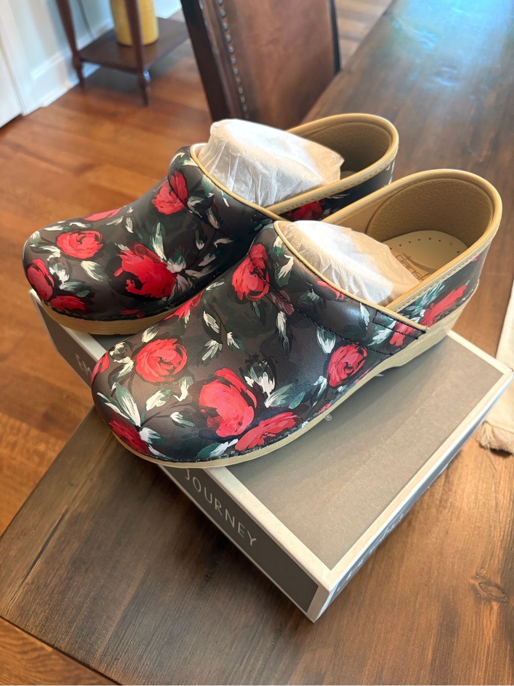 Dansko Floral Clogs in Black and Red